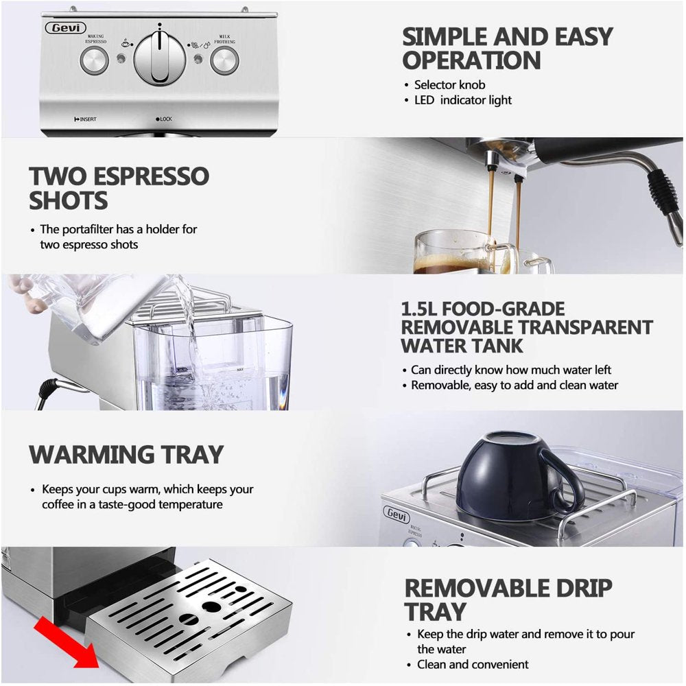 Gevi Silver 15-Bar Stainless Steel Espresso Machine with Frothing Wand - Cappuccino Maker