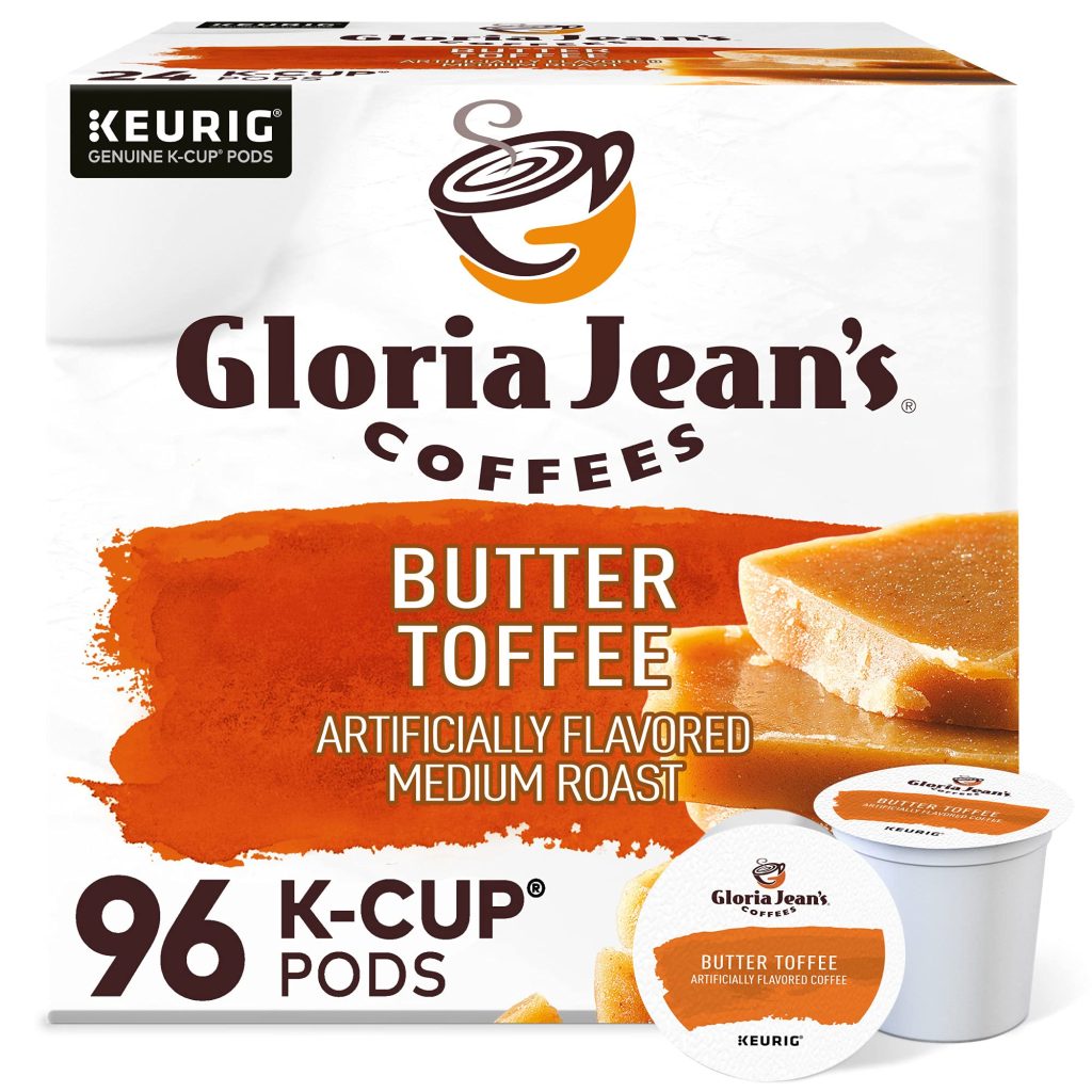 Gloria Jean's Butter Toffee Medium Roast Coffee K-Cup Pods, 96 Count, Arabica, Recyclable