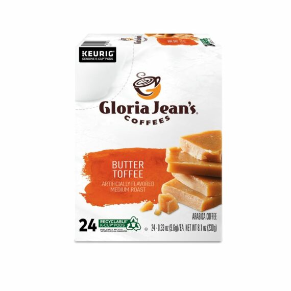 Gloria Jean's Butter Toffee Medium Roast Coffee K-Cup Pods, 96 Count, Arabica, Recyclable