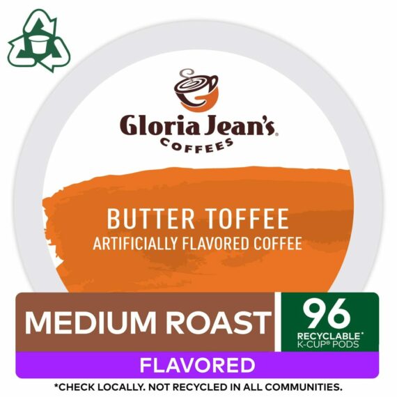 Gloria Jean's Butter Toffee Medium Roast Coffee K-Cup Pods, 96 Count, Arabica, Recyclable