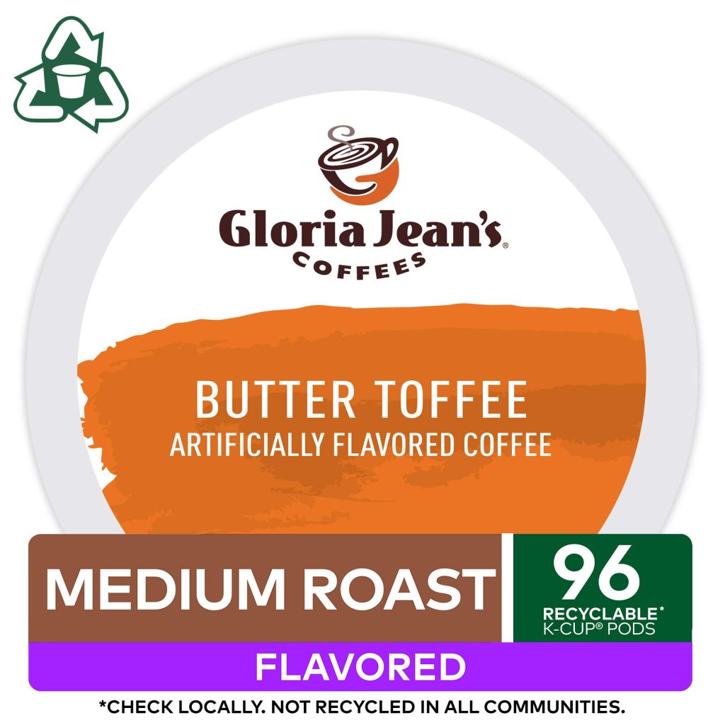 Gloria Jean's Butter Toffee Medium Roast Coffee K-Cup Pods, 96 Count, Arabica, Recyclable