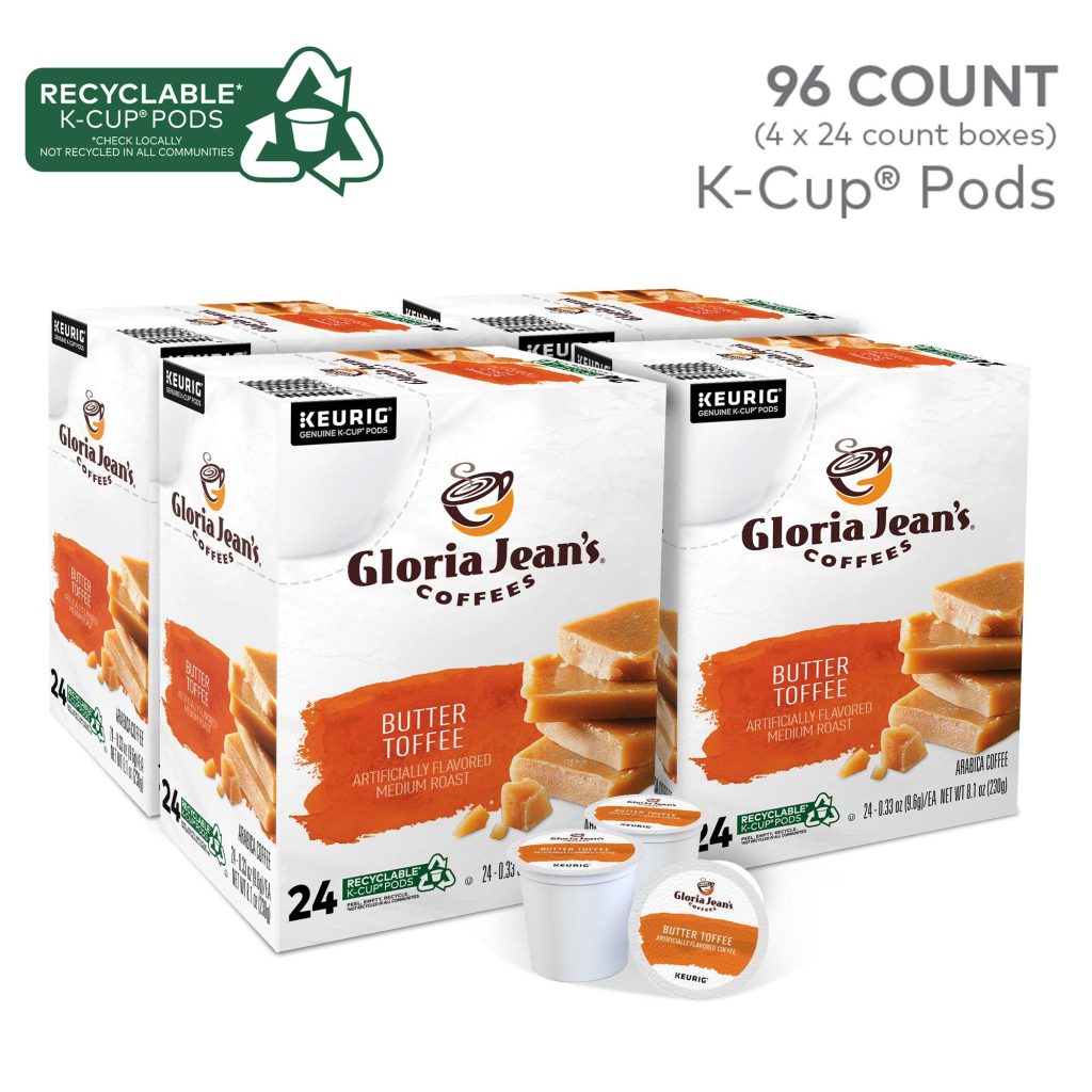 Gloria Jean's Butter Toffee Medium Roast Coffee K-Cup Pods, 96 Count, Arabica, Recyclable
