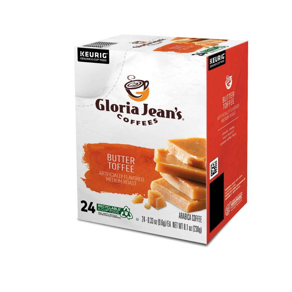 Gloria Jean's Butter Toffee Medium Roast Coffee K-Cup Pods, 96 Count, Arabica, Recyclable