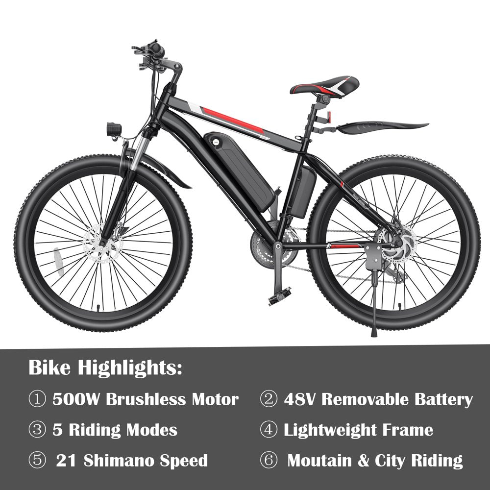 Gocio 500W Electric Bike 26" for Adults with Cruise Control, 48V Battery, Shimano 21-Speed, Aluminum Frame