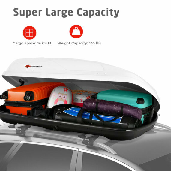 Goplus 14 Cubic Feet Cargo Box Dual-Sided Opening Rooftop Carrier W/Car Trunk Organizer