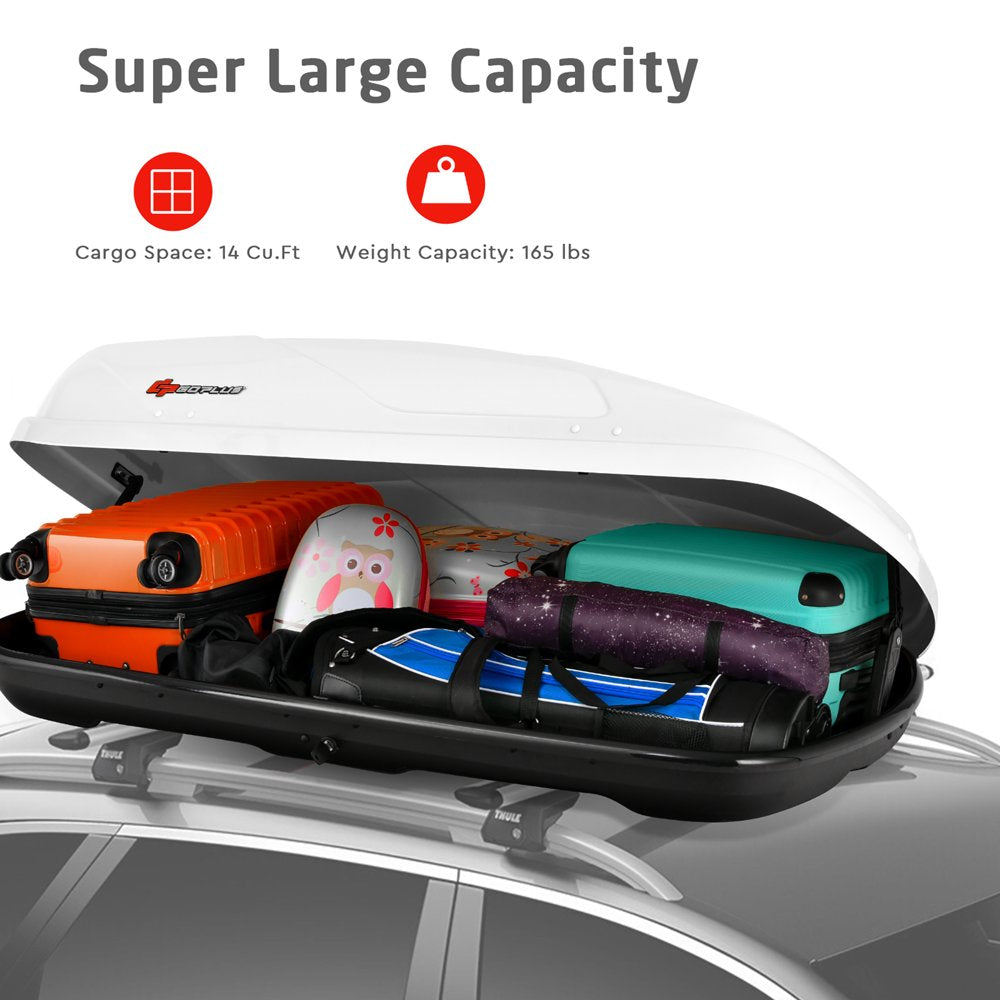 Goplus 14 Cubic Feet Cargo Box Dual-Sided Opening Rooftop Carrier W/Car Trunk Organizer