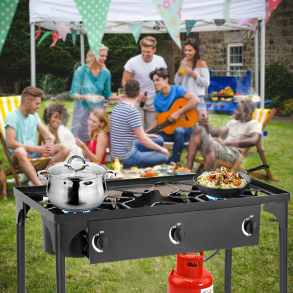 Goplus Triple Burner Outdoor Gas Stove, 220,000 BTU, Cast Iron, Portable BBQ Cooker