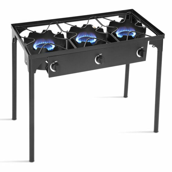 Goplus Triple Burner Outdoor Gas Stove, 220,000 BTU, Cast Iron, Portable BBQ Cooker