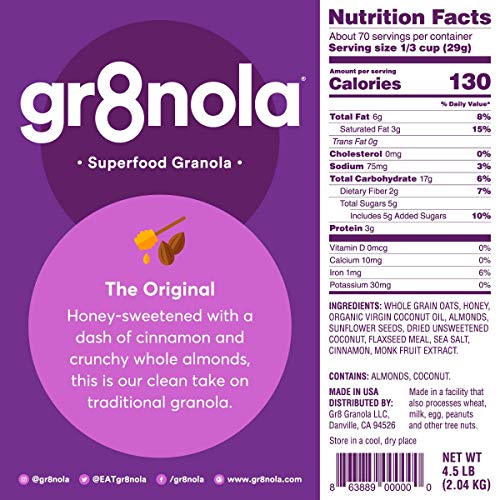 gr8nola THE ORIGINAL – Healthy  Low Sugar Bulk Granola Cereal – Made with Superfoods  Whole Almonds  Honey  Cinnamon and Flaxseed  Soy Free  Dairy Free and No Refined Sugar – 4.5lb Resealable Bag