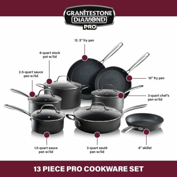 Granitestone Pro 13-Piece Hard Anodized Cookware Set with Nonstick Diamond Coating, Oven & Dishwasher Safe