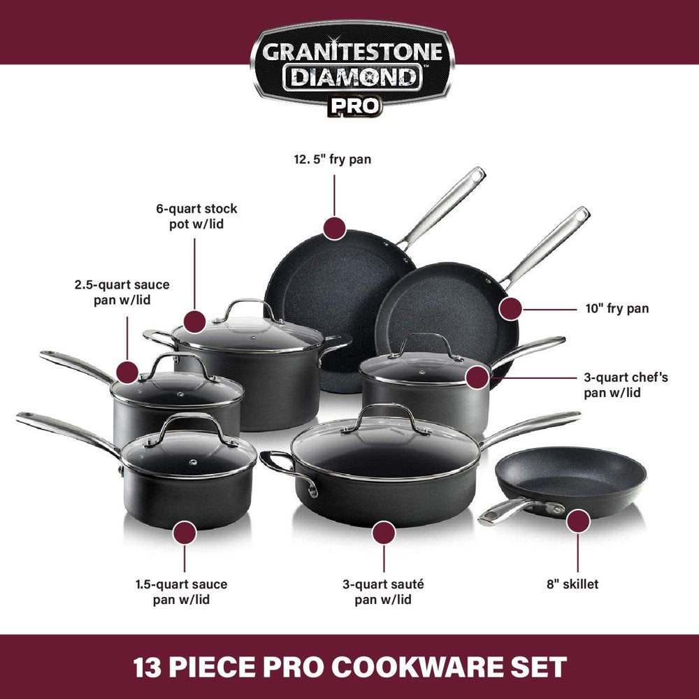 Granitestone Pro 13-Piece Hard Anodized Cookware Set with Nonstick Diamond Coating, Oven & Dishwasher Safe