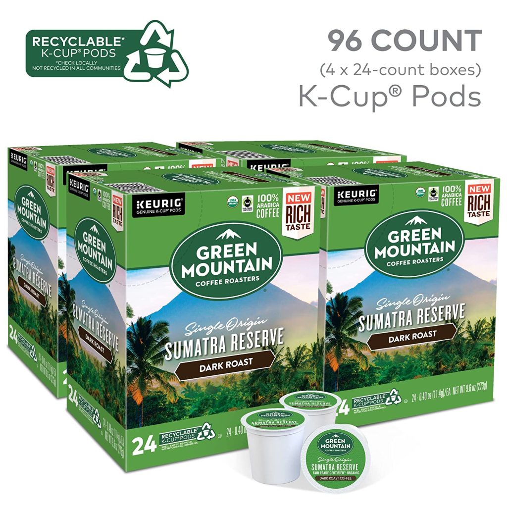 Green Mountain Coffee Roasters Sumatra Reserve Dark Roast K-Cup Pods, 96 Count, Fair Trade Certified