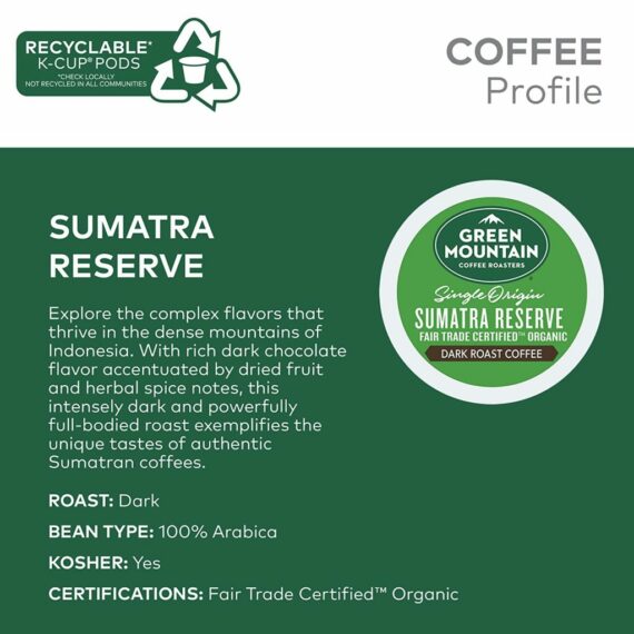Green Mountain Coffee Roasters Sumatra Reserve Dark Roast K-Cup Pods, 96 Count, Fair Trade Certified