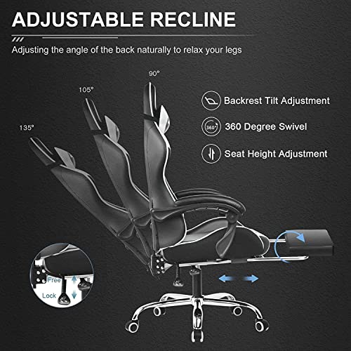 GTPLAYER Gaming Chair with Footrest & Lumbar Support, Adjustable Height, PU Leather, Metal Frame, Ergonomic for Office & Gaming