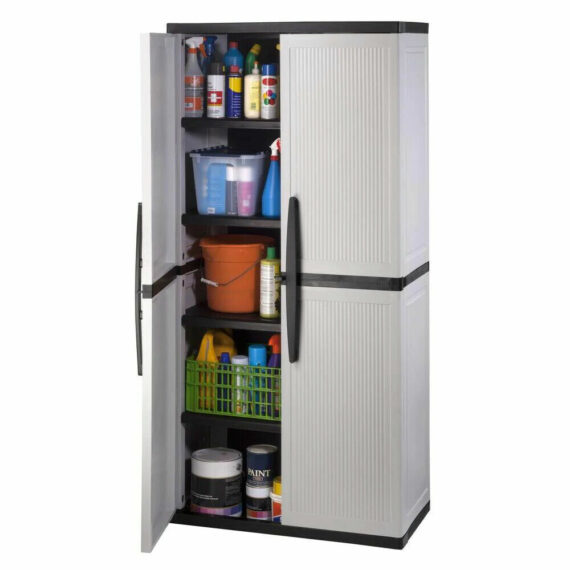 HDX Gray Plastic Freestanding Garage Cabinet, 35"W x 71"H x 18"D, with Adjustable Shelves and Lockable Doors