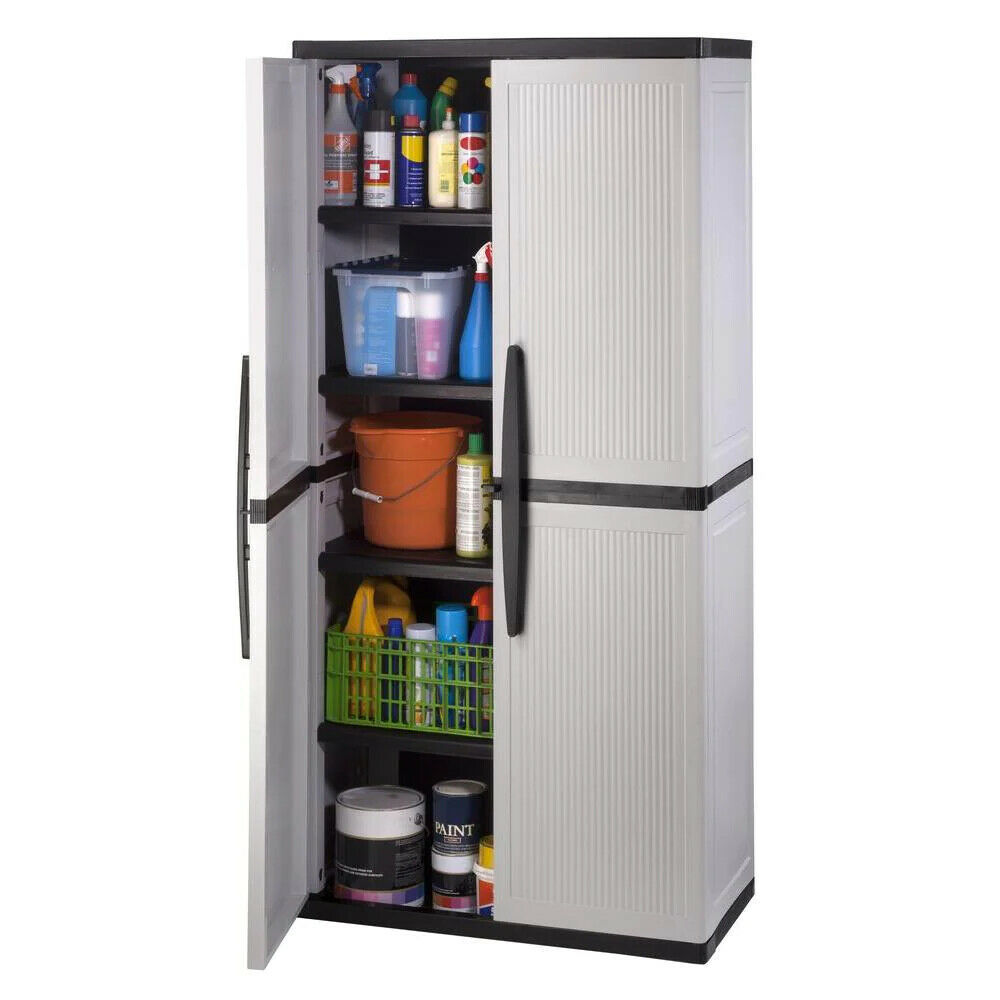 HDX Gray Plastic Freestanding Garage Cabinet, 35″W x 71″H x 18″D, with Adjustable Shelves and Lockable Doors