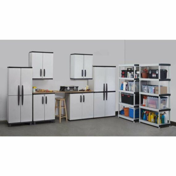 HDX Gray Plastic Freestanding Garage Cabinet, 35"W x 71"H x 18"D, with Adjustable Shelves and Lockable Doors