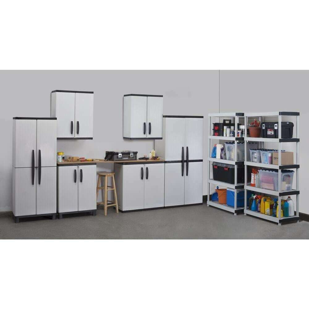 HDX Gray Plastic Freestanding Garage Cabinet, 35"W x 71"H x 18"D, with Adjustable Shelves and Lockable Doors