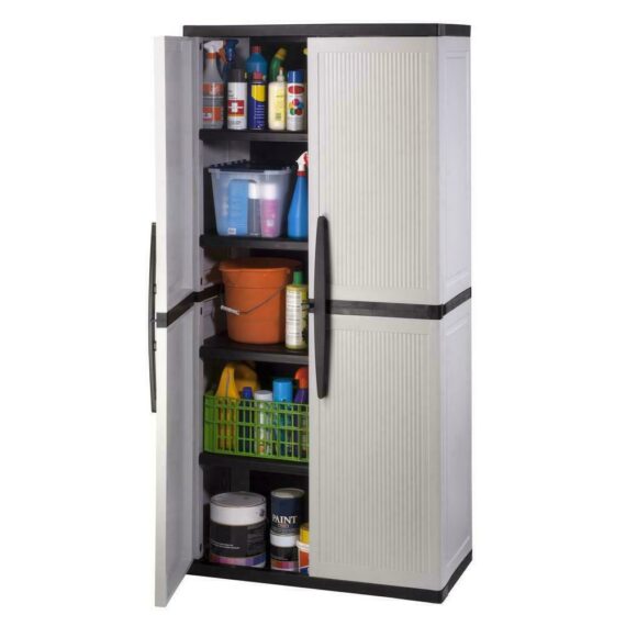 HDX Gray Plastic Freestanding Garage Cabinet, 35"W x 71"H x 18"D, with Adjustable Shelves and Lockable Doors
