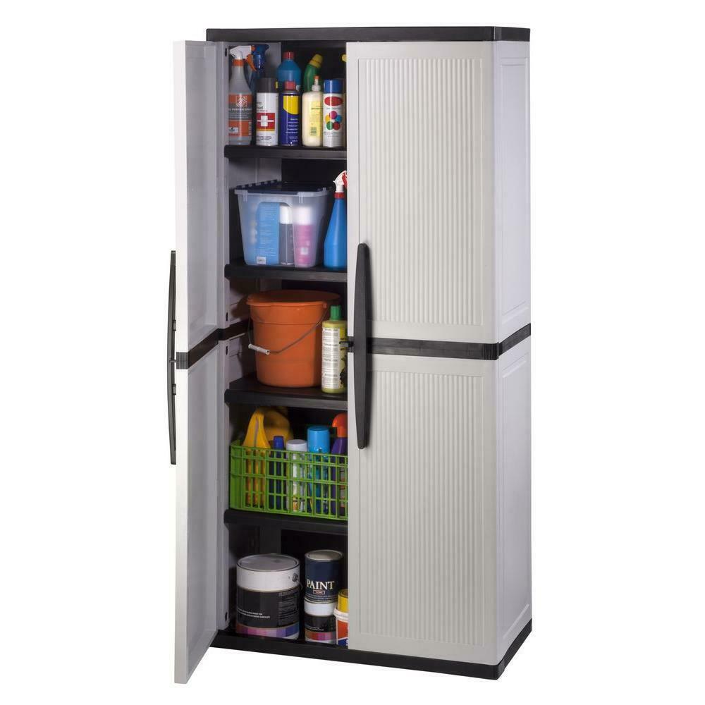 HDX Gray Plastic Freestanding Garage Cabinet, 35"W x 71"H x 18"D, with Adjustable Shelves and Lockable Doors