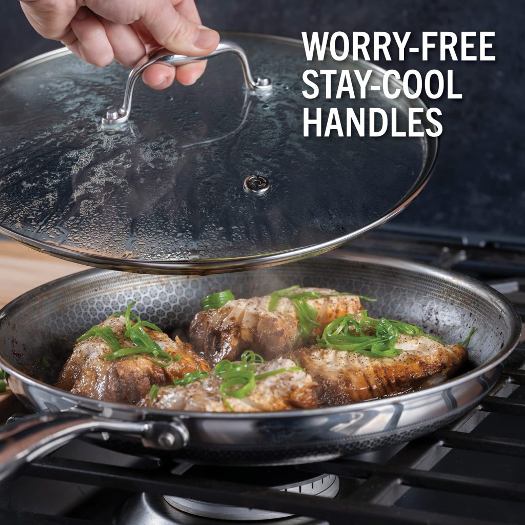 HexClad 12-Inch Hybrid Nonstick Fry Pan with Glass Lid, Oven & Dishwasher Safe, Silver