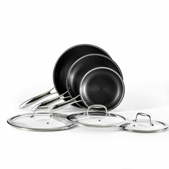HexClad 6-Piece Hybrid Nonstick Fry Pan Set with Lids, Stainless Steel, 8/10/12-Inch, Oven & Dishwasher Safe