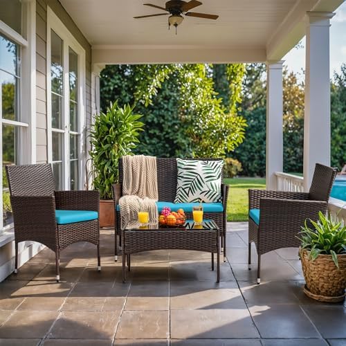Homall 4 Pieces Patio Rattan Chair Wicker Outdoor Indoor Use Backyard Porch Garden Poolside Balcony Furniture Sets (Blue)