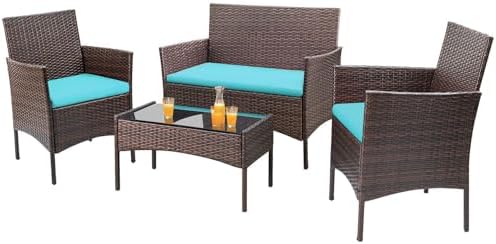 Homall 4 Pieces Patio Rattan Chair Wicker  Outdoor Indoor Use Backyard Porch Garden Poolside Balcony Furniture Sets (Blue)