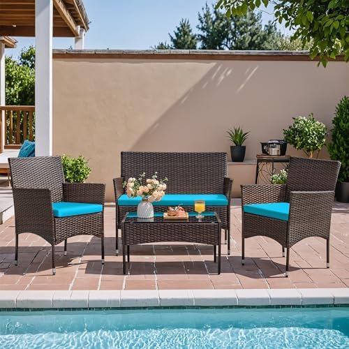 Homall 4 Pieces Patio Rattan Chair Wicker Outdoor Indoor Use Backyard Porch Garden Poolside Balcony Furniture Sets (Blue)