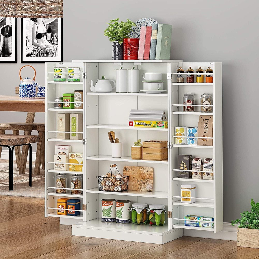 Homefort 41" Farmhouse Kitchen Pantry Cabinet, White Storage Unit with Adjustable Shelves and Door Pockets