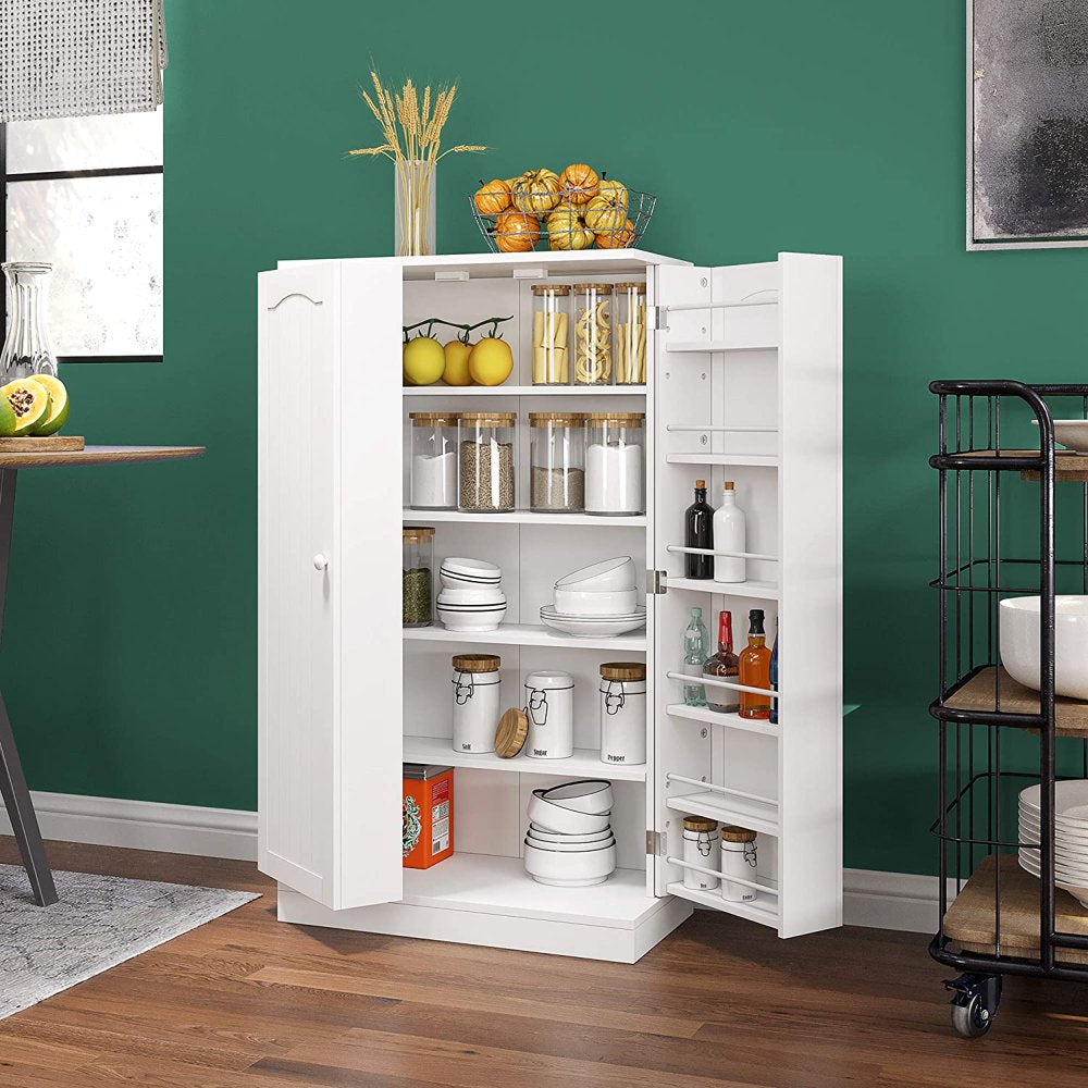 Homefort 41" Farmhouse Kitchen Pantry Cabinet, White Storage Unit with Adjustable Shelves and Door Pockets