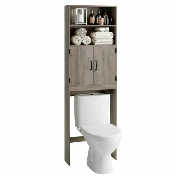 Homfa Bathroom Over Toilet Storage Rack, 4-Tier Shelves & 2 Doors, Gray, Engineered Wood