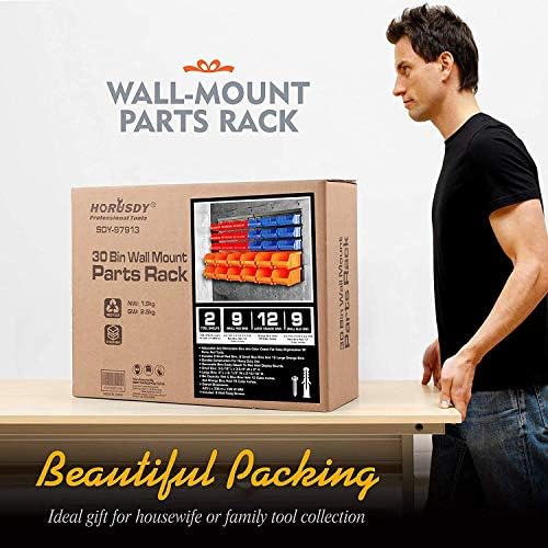 HORUSDY Wall Mounted Storage Bins Parts Rack 30PC Organizer Garage Plastic Shop Tool for Men’s Gift  Blue Orange Red