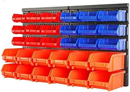 HORUSDY Wall Mounted Storage Bins Parts Rack 30PC Organizer Garage Plastic Shop Tool for Men's Gift  Blue Orange Red