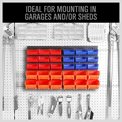 HORUSDY Wall Mounted Storage Bins Parts Rack 30PC Organizer Garage Plastic Shop Tool for Men's Gift Blue Orange Red