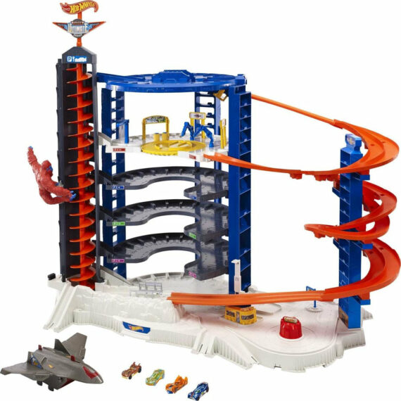 Hot Wheels Super Ultimate Garage Track Set with 4 Cars & Jet Plane, Over 3ft Tall, 140+ Car Storage, Motorized Elevator