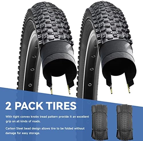 Hycline 2 Pack Bike Tire 20/24/26/27.5 Inch Folding Replacement Tire for MTB Mountain Bicycle-Black/Skinwall Pair (2 Tires)