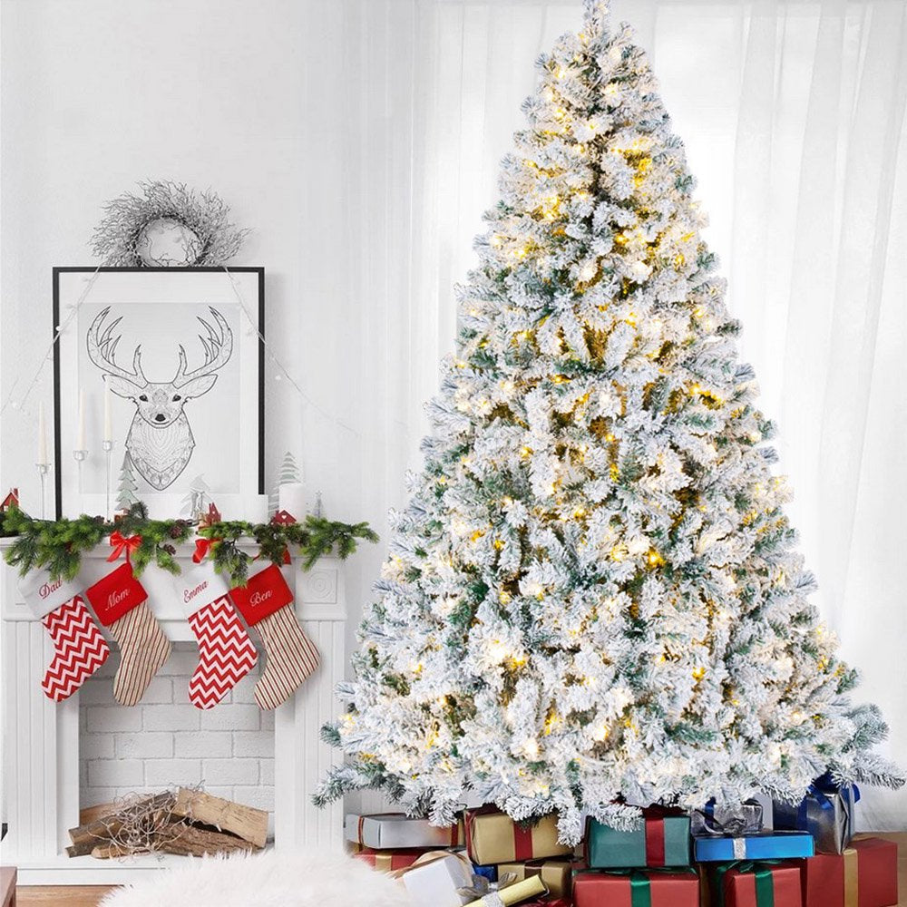 iFanze 6FT Snow Flocked Pre-Lit Christmas Tree, 1000 Tips, 250 Warm Lights, PVC, Metal Stand