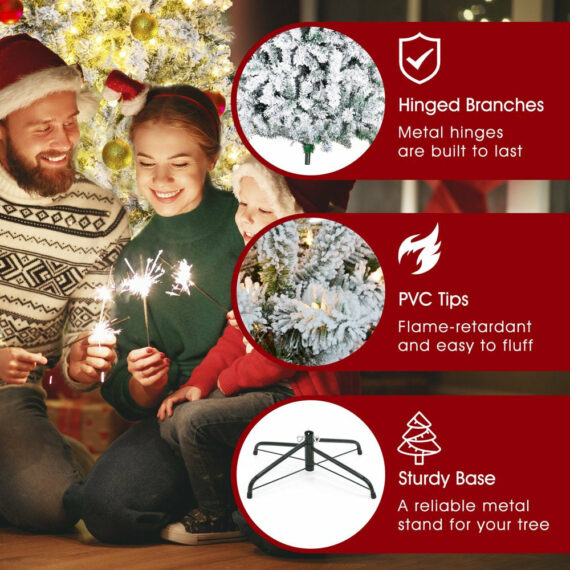 iFanze 6FT Snow Flocked Pre-Lit Christmas Tree, 1000 Tips, 250 Warm Lights, PVC, Metal Stand