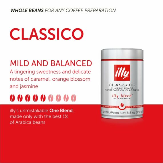 illy Whole Bean Coffee Classico Medium Roast, 100% Arabica, Caramel & Jasmine Notes, 8.8 oz, 6 Pack