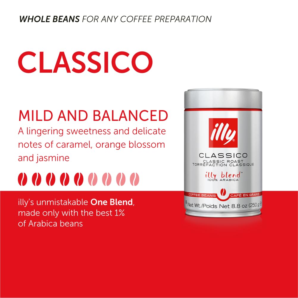 illy Whole Bean Coffee Classico Medium Roast, 100% Arabica, Caramel & Jasmine Notes, 8.8 oz, 6 Pack