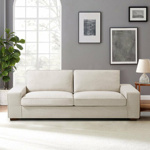INGALIK Modern 3 Seater Loveseat Sofa, Beige, Solid Wood & Steel Frame, Removable Cover, 88.58" for Living Room