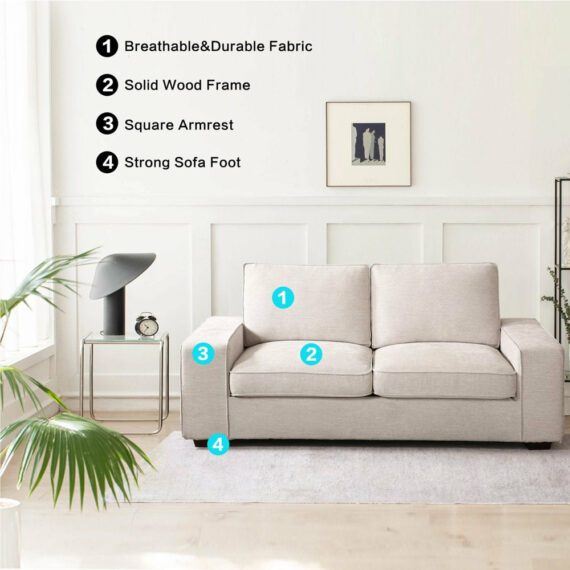 INGALIK Modern 3 Seater Loveseat Sofa, Beige, Solid Wood & Steel Frame, Removable Cover, 88.58" for Living Room