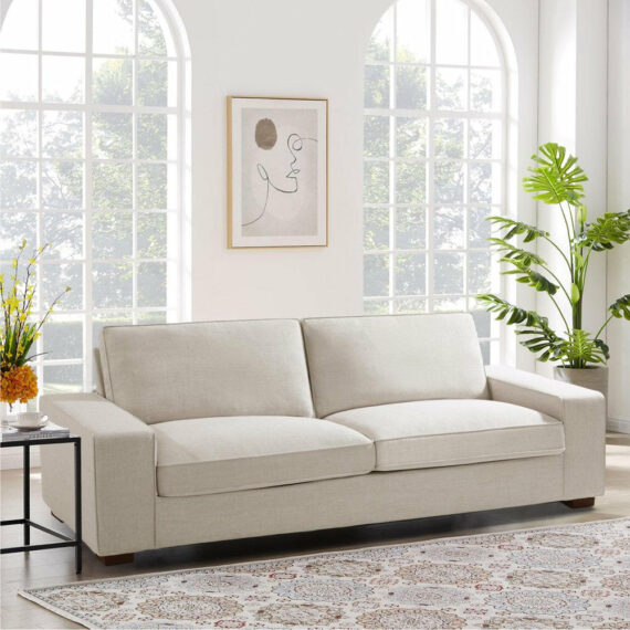 INGALIK Modern 3 Seater Loveseat Sofa, Beige, Solid Wood & Steel Frame, Removable Cover, 88.58" for Living Room