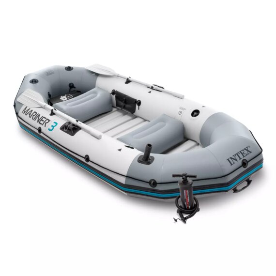 Intex Mariner 3, 3-Person Inflatable Dinghy Boat Set with Aluminum Oars and High Output Air Pump for River and Lake Fishing and Boating