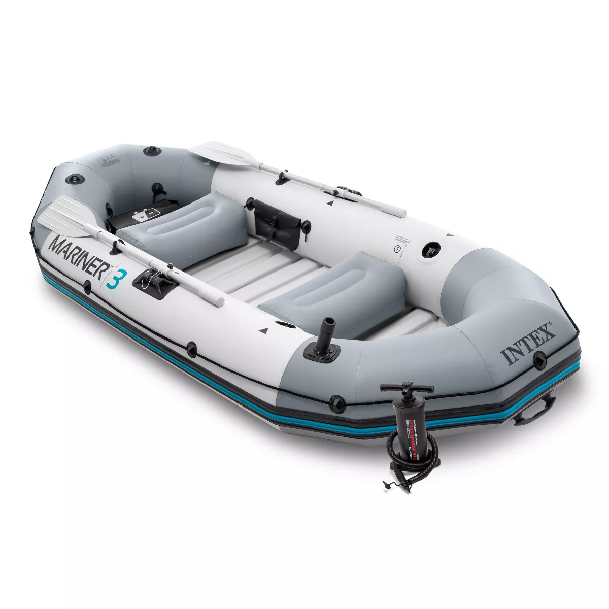 Intex Mariner 3, 3-Person Inflatable Dinghy Boat Set with Aluminum Oars and High Output Air Pump for River and Lake Fishing and Boating