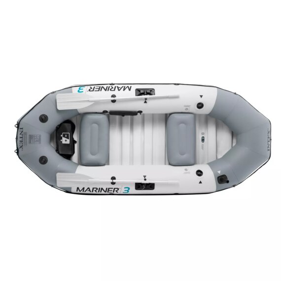 Intex Mariner 3, 3-Person Inflatable Dinghy Boat Set with Aluminum Oars and High Output Air Pump for River and Lake Fishing and Boating