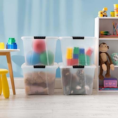 IRIS USA 54 Qt Stackable Plastic Storage Bins with Lids  6 Pack - BPA-Free  Made in USA - See-Through Organizing Solution  Latches  Durable Nestable Containers  Secure Pull Handle - Clear
