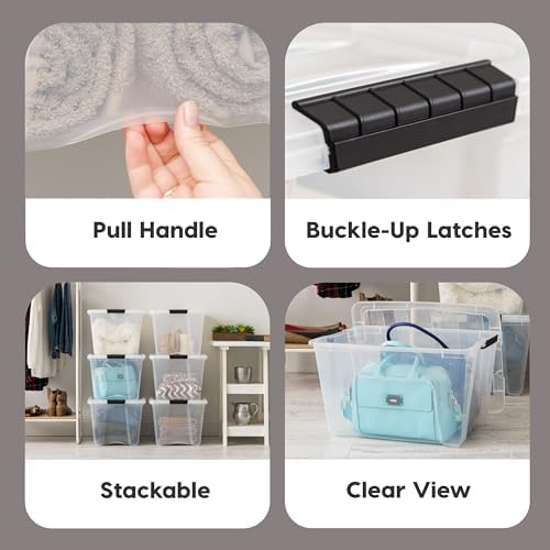 IRIS USA 54 Qt Stackable Plastic Storage Bins with Lids  6 Pack - BPA-Free  Made in USA - See-Through Organizing Solution  Latches  Durable Nestable Containers  Secure Pull Handle - Clear