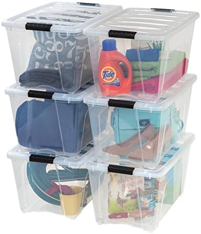 IRIS USA 54 Qt Stackable Plastic Storage Bins with Lids  6 Pack - BPA-Free  Made in USA - See-Through Organizing Solution  Latches  Durable Nestable Containers  Secure Pull Handle - Clear